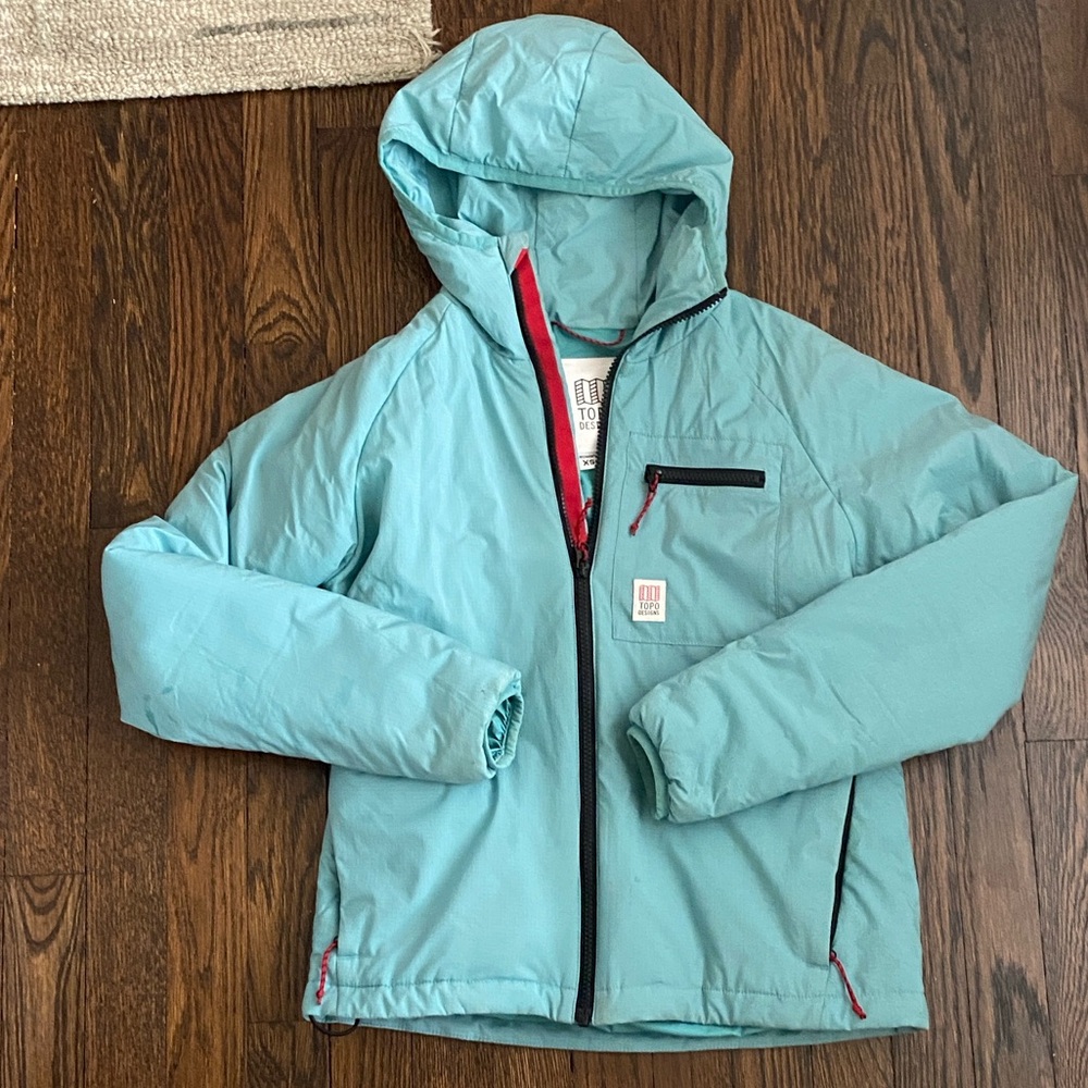 Topo Designs Aqua Hooded Jacket with Red Accents